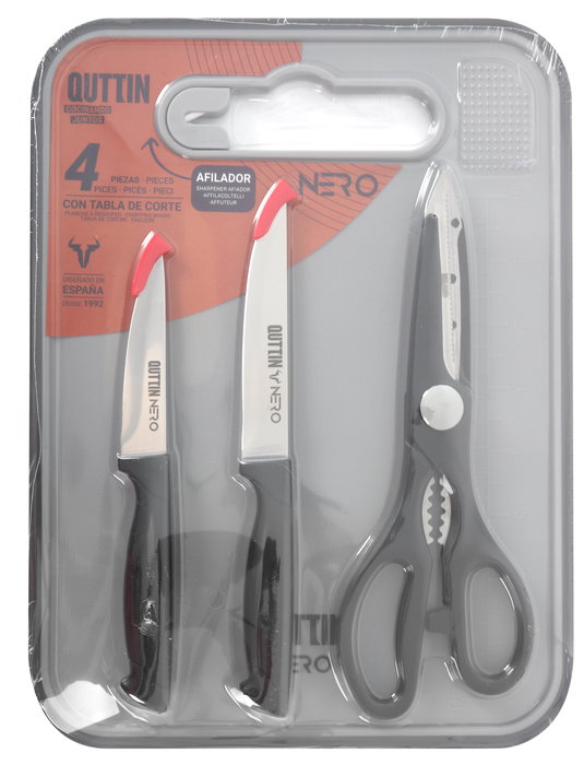 Inde Set 4 Piezas Cuchillos, Tijeras, Tabla Cortar "Nero" (Cuchillos 11cm, 9cm, 21cm; Tabla 29x22cm) (6 Cajas)