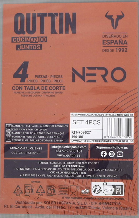 Inde Set 4 Piezas Cuchillos, Tijeras, Tabla Cortar "Nero" (Cuchillos 11cm, 9cm, 21cm; Tabla 29x22cm) (6 Cajas)