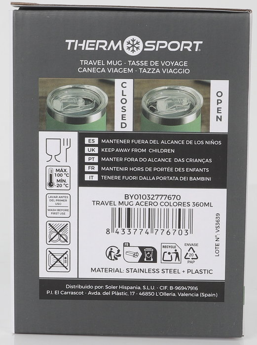 Thermosport Taza de Viaje de Acero Inoxidable, 360 ml, Varios Colores, Termo para Bebidas Calientes y Frías (12 Unidades)