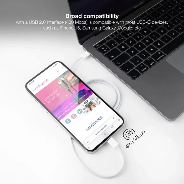 NANO CABLE USB-C 2.0 60W 3A 1m Blanco, Carga Rápida 480 Mbps, Compatible iPhone 15