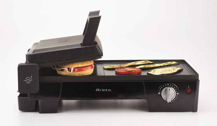 Ariete 1916 Grill Eléctrico 3 en 1 Multifunción | Plancha y Parrilla para Bocadillos y Carne | Apertura 180º | Placas Antiadherentes