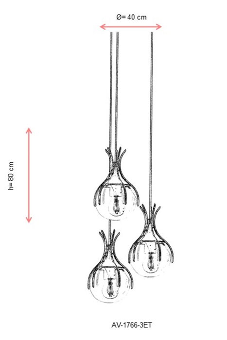 Opviq Lámpara de Araña AV-1766-3ET, Moderna, Metal y Cristal, 100 cm Largo x 50 cm Diámetro, 3xE27 Casquillo, Color Envejecido