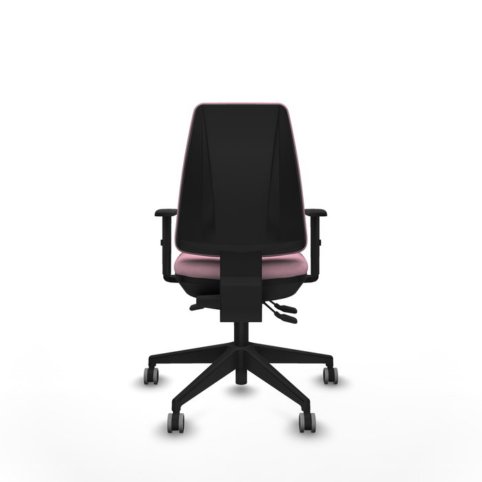 Silla de oficina Elche con mecanismo Asincro tapizada con Tela color Rosa. Equipada con Base piramidal negra, Brazos 1D y Ruedas 65 mm parqué