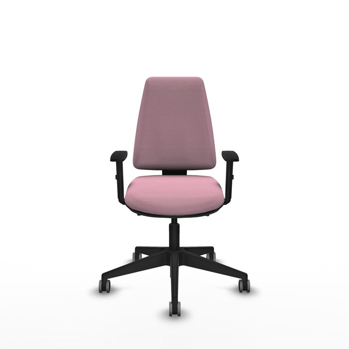 Silla de oficina Elche con mecanismo Asincro tapizada con Tela color Rosa. Equipada con Base piramidal negra, Brazos 1D y Ruedas 65 mm parqué