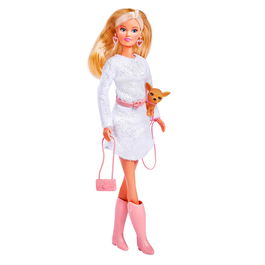 Steffi Love Muñeca Steffi Chic Walk 5733508 con Perro Chihuahua, Vestido Blanco y Accesorios Rosas, 29 cm