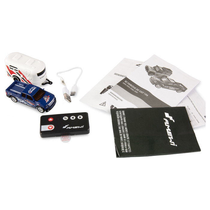 AMEWI RC Pickup 22680 con Caravana, Die-Cast Metal 1:64, Listo para Usar (RTR), Azul y Blanco, Radio Control 2.4 GHz, Batería Recargable, Para Niños +6 Años