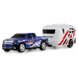 AMEWI RC Pickup 22680 con Caravana, Die-Cast Metal 1:64, Listo para Usar (RTR), Azul y Blanco, Radio Control 2.4 GHz, Batería Recargable, Para Niños +6 Años