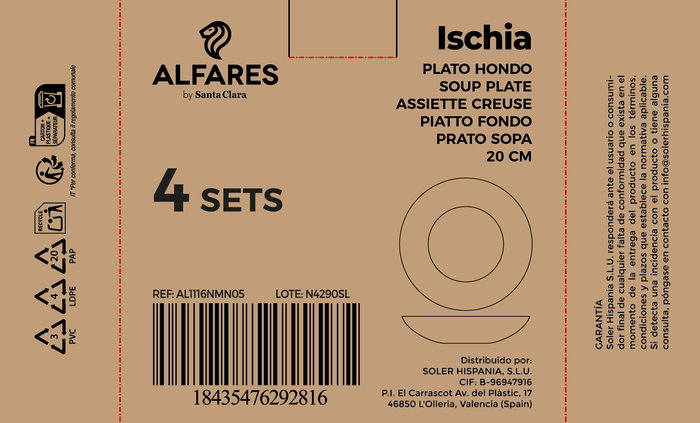 Inde Set de 3 Platos Hondos Ischia Red.Opal, Negro, 20.3 cm de Diámetro x 4 cm de Altura, Porcelana (4 Cajas)