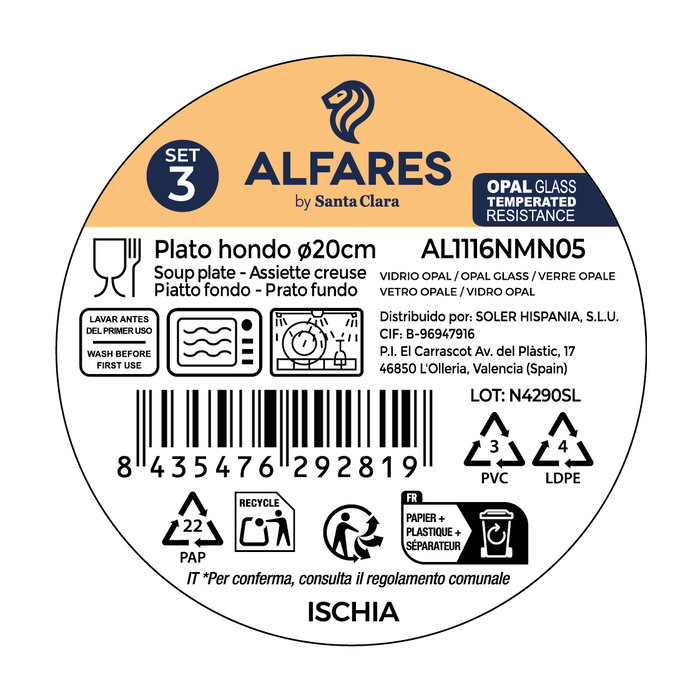 Inde Set de 3 Platos Hondos Ischia Red.Opal, Negro, 20.3 cm de Diámetro x 4 cm de Altura, Porcelana (4 Cajas)