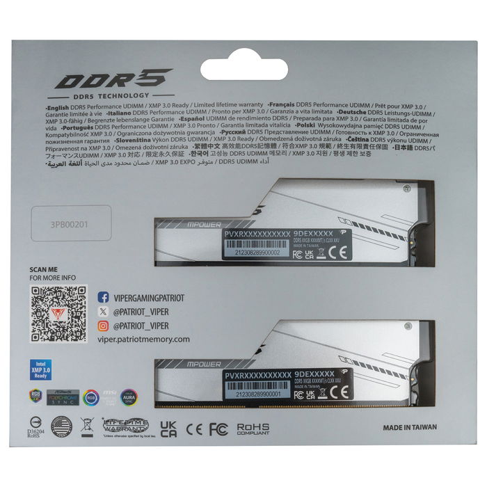 Patriot Viper Xtreme 5 RGB 32GB (2x16GB) DDR5 6400MHz CL32 DIMM 288-pin Kit de Memoria RAM con ECC y XMP 3.0, Plata - PVX532G640C32