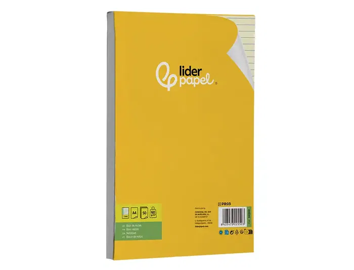 Liderpapel Bloc notas encolado A4 rayado horizontal 50 hojas 80 gr color amarillo