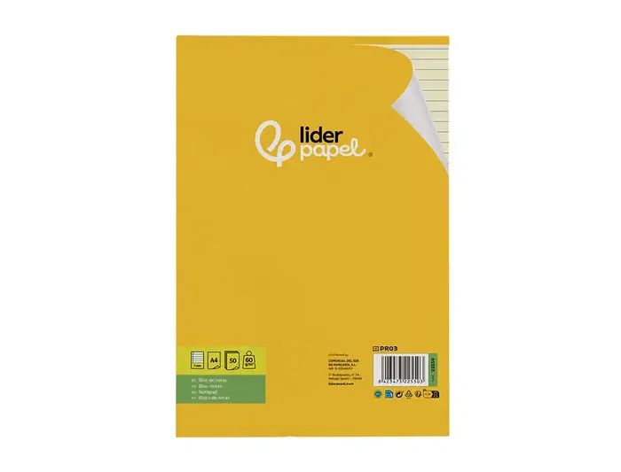 Liderpapel Bloc notas encolado A4 rayado horizontal 50 hojas 80 gr color amarillo