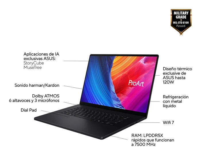 ASUS ProArt P16 H7606WP-RJ079X Portátil Gaming/Creativo 16" OLED WQXGA+ 120Hz, AMD Ryzen AI 9 HX 370, NVIDIA GeForce RTX 5070 8GB, 64GB RAM LPDDR5x, 2TB SSD NVMe, Windows 11 Pro