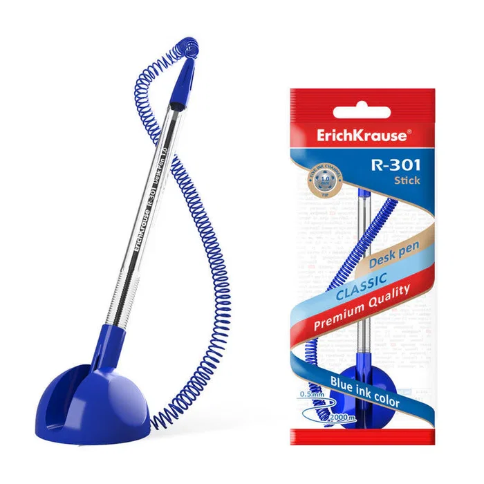 ErichKrause Bolígrafo R-301 Desk Pen 1.0 Punta 1.0mm Hexagonal Transparente Tinta Secado Rápido Azul