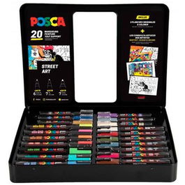 Posca Maletín Metálico Marcador Surtido 20P con 6xPC-1M, 7xPC-3M, 7xPC-5M. Marcadores de Pintura Base Agua No Tóxicos.