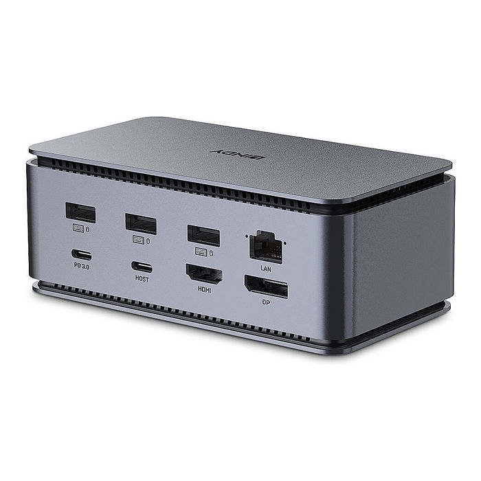 Lindy Docking Station USB4 con 100W PD, HDMI 2.1, DisplayPort 1.4, Ethernet Gigabit, Lector de Tarjetas para Laptop, Antracita, Modelo 43372