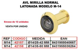 Cerradura de baja altura con mirilla normal latonada Ø=14 de 35-60 mm mod M-14