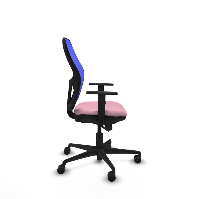 Silla de oficina Jorquera con mecanismo Sincro tapizada con Tela color Rosa y malla color Azul. Equipada con lumbar 1D, Brazos 1D y Ruedas 65mm nailon