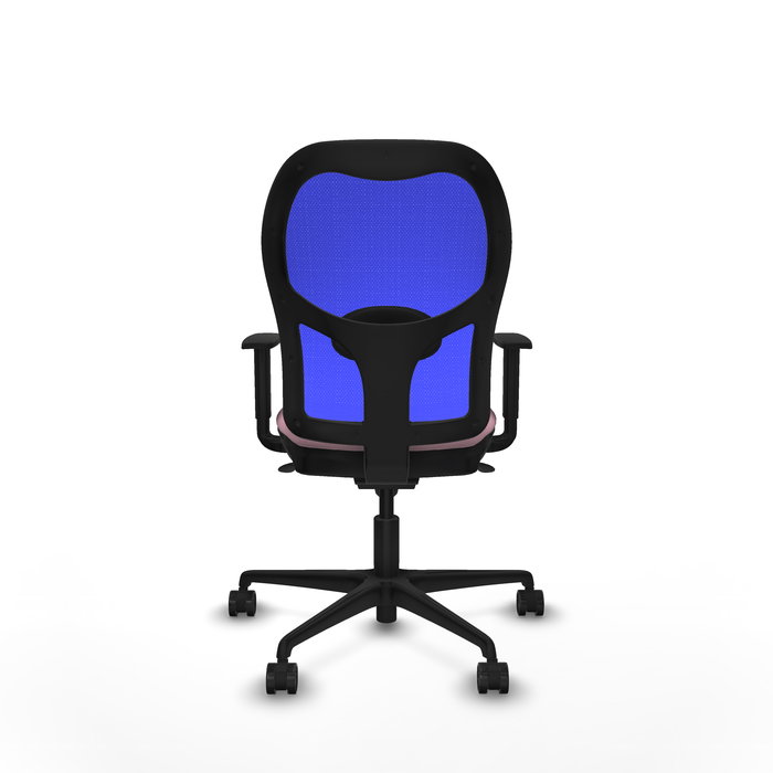 Silla de oficina Jorquera con mecanismo Sincro tapizada con Tela color Rosa y malla color Azul. Equipada con lumbar 1D, Brazos 1D y Ruedas 65mm nailon