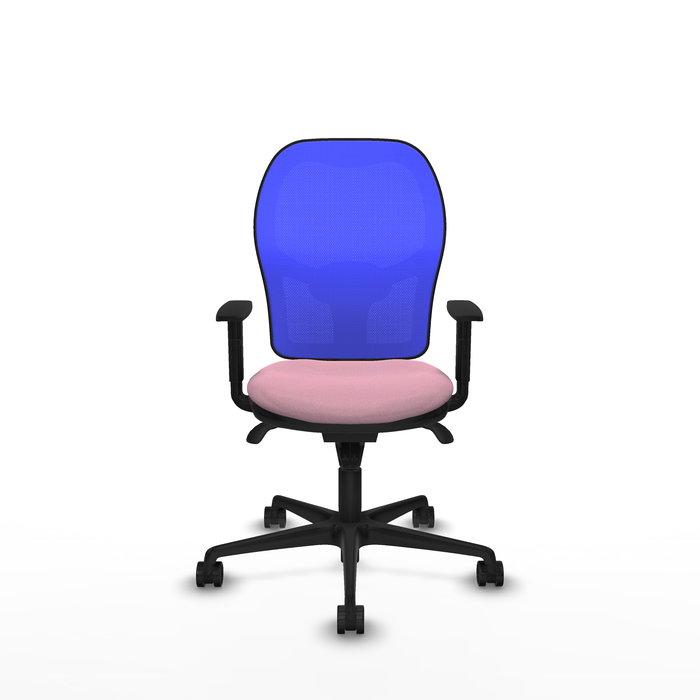 Silla de oficina Jorquera con mecanismo Sincro tapizada con Tela color Rosa y malla color Azul. Equipada con lumbar 1D, Brazos 1D y Ruedas 65mm nailon