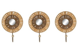 DKD Home Decor Perchero Pared Boho Natural Metal Rafia 6 x 20 x 16 cm Set de 3