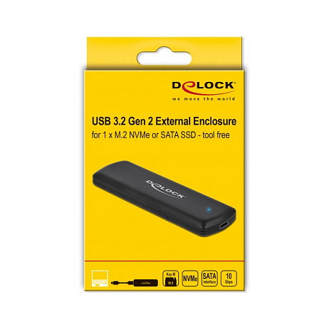 DeLOCK Caja Externa USB Tipo C para SSD M.2 NVMe y SATA 10 Gbit/s, Realtek RTL9210B, Aluminio Negro, Plug and Play, Incluye Cable USB C - C