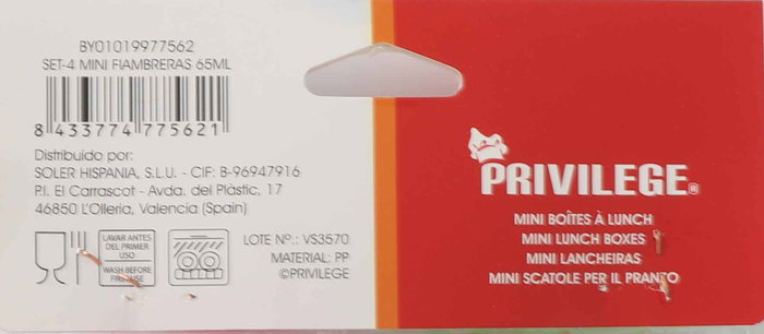 Privilege Set 4 Mini Fiambreras 65ml | Largo 6 cm, Ancho 6 cm, Alto 3.8 cm (24 Unidades)