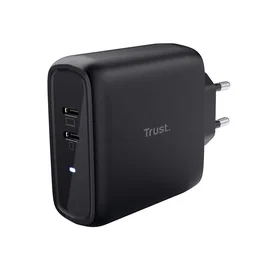 Trust Maxo Cargador de Pared USB-C 65W Doble Puerto, Carga Rápida USB Power Delivery 3.0 PPS, Universal 100-240V, Enchufe EU, Negro