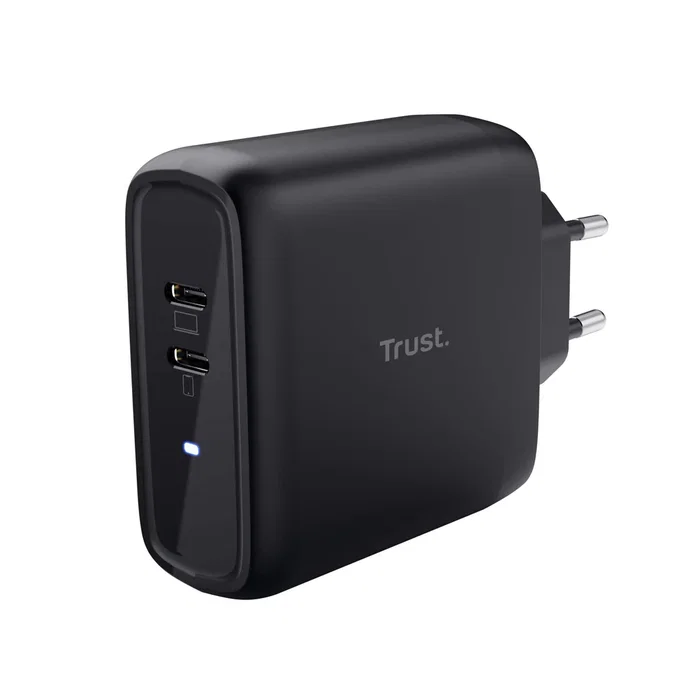 Trust Maxo Cargador de Pared USB-C 65W Doble Puerto, Carga Rápida USB Power Delivery 3.0 PPS, Universal 100-240V, Enchufe EU, Negro