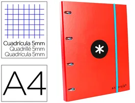 Antartik Carpeta con recambio A4 cuadro 5mm, 4 anillas 25mm redondas, forrada, cierre gomilla, color rojo