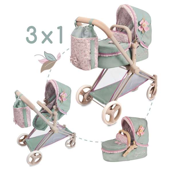 Coche de muñeca 3 x 1 plegable provenza para muñecas de hasta 50 cm. 73x38x65 cm. bolso convertible en canstilla.