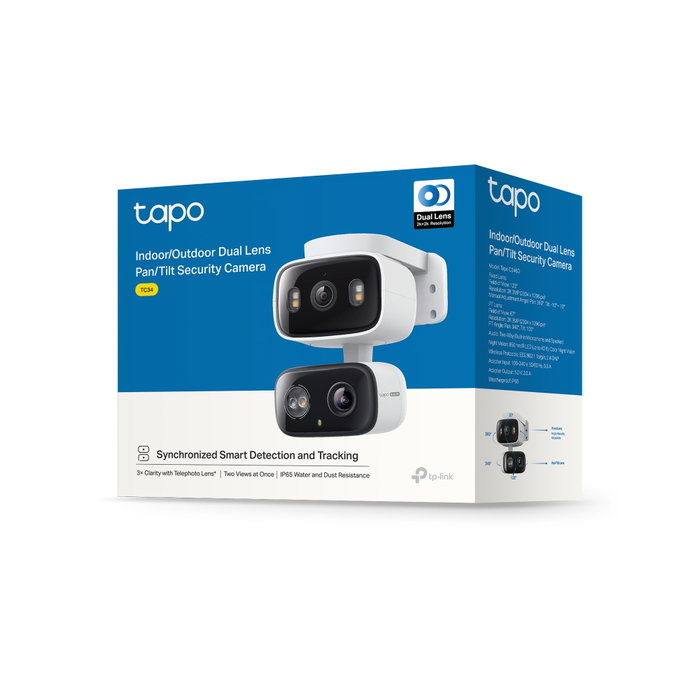 TP-Link Tapo TC34 Cámara de Seguridad WiFi Dual Lens Pan/Tilt 2K para Interior y Exterior con IA y Seguimiento Automático