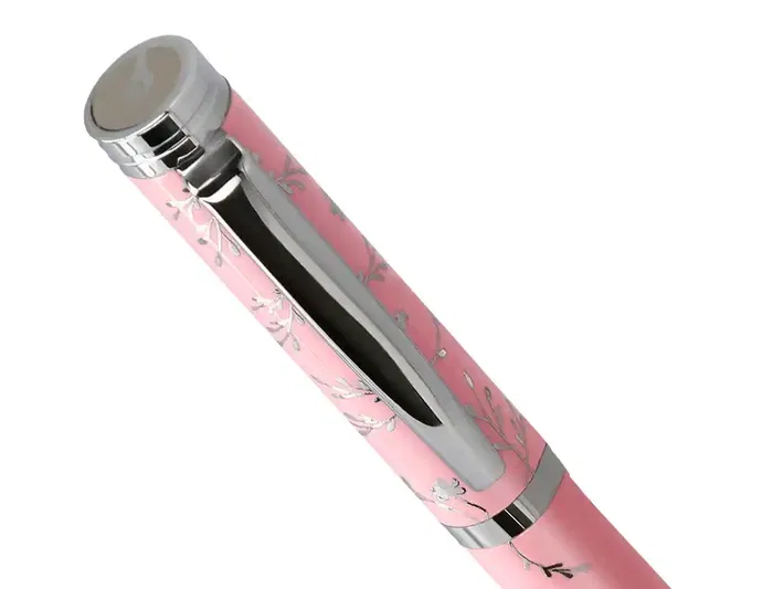 Belius Bella Pluma Aluminio Color Rosa Diseño Plateado Relieve Tinta Azul Caja