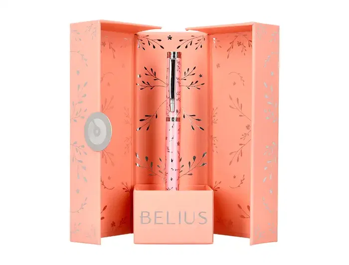 Belius Bella Pluma Aluminio Color Rosa Diseño Plateado Relieve Tinta Azul Caja