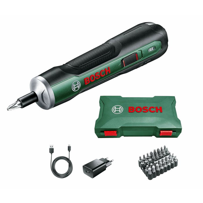 Bosch PushDrive Destornillador inalámbrico con cargador micro USB y 32 puntas