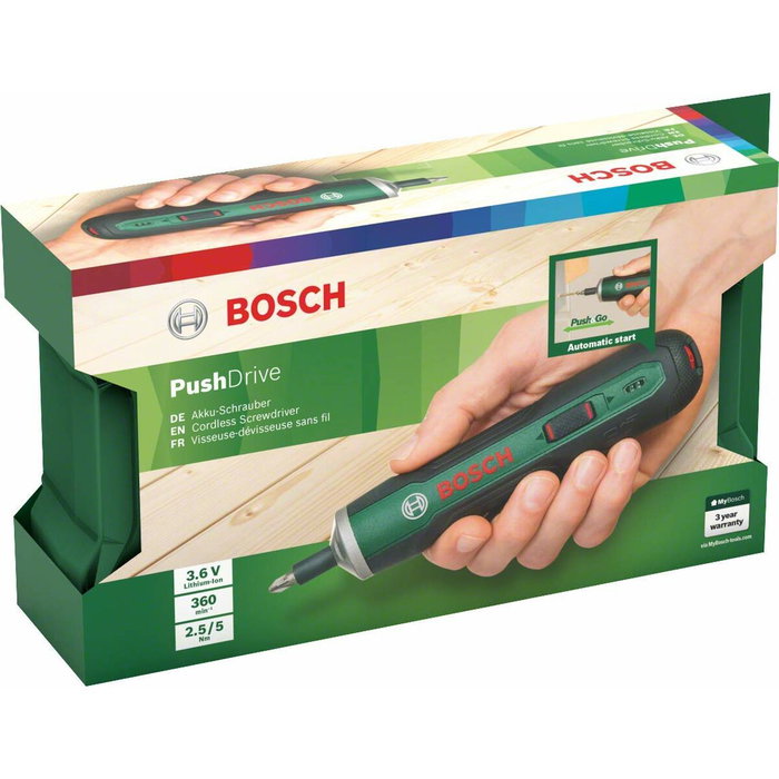 Bosch PushDrive Destornillador inalámbrico con cargador micro USB y 32 puntas