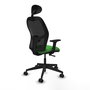 Silla de oficina Alocén con mecanismo Sincro tapizada con Tela color Verde y malla color Negro. Equipada con lumbar 1D, Brazos 2D, Cabecero Fijo y Ruedas 65mm nailon