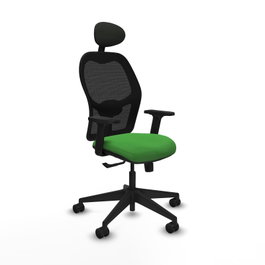 Silla de oficina Alocén con mecanismo Sincro tapizada con Tela color Verde y malla color Negro. Equipada con lumbar 1D, Brazos 2D, Cabecero Fijo y Ruedas 65mm nailon