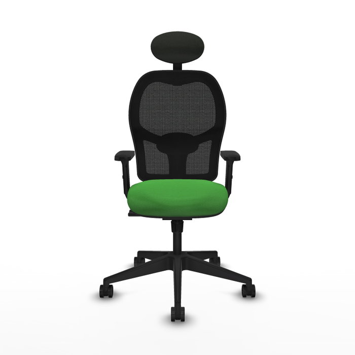 Silla de oficina Alocén con mecanismo Sincro tapizada con Tela color Verde y malla color Negro. Equipada con lumbar 1D, Brazos 2D, Cabecero Fijo y Ruedas 65mm nailon
