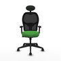 Silla de oficina Alocén con mecanismo Sincro tapizada con Tela color Verde y malla color Negro. Equipada con lumbar 1D, Brazos 2D, Cabecero Fijo y Ruedas 65mm nailon