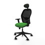 Silla de oficina Alocén con mecanismo Sincro tapizada con Tela color Verde y malla color Negro. Equipada con lumbar 1D, Brazos 2D, Cabecero Fijo y Ruedas 65mm nailon