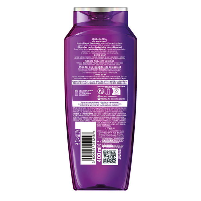 L'Oréal Paris ELVIVE COLLAGEN LIFTER Champú Voluminizador con Pétidos de Colágeno, 400 ml, para un Cabello con Volumen y Cuerpo Instantáneo y Duradero