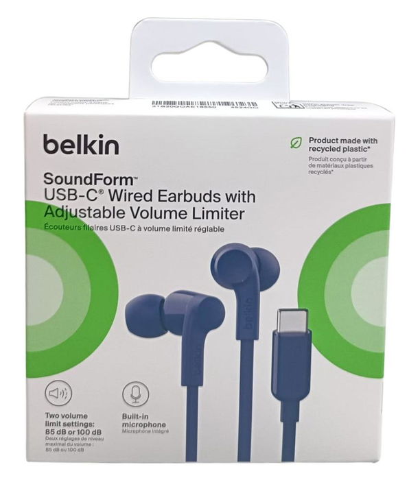 Belkin G3H0002HQBLV2 Auriculares USB-C In-Ear con Limitador de Volumen (85/100 dB), Resistencia IPX5, Almohadillas Multitalla, Cable Azul - Sonido Signature Sound