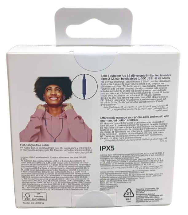 Belkin G3H0002HQBLV2 Auriculares USB-C In-Ear con Limitador de Volumen (85/100 dB), Resistencia IPX5, Almohadillas Multitalla, Cable Azul - Sonido Signature Sound