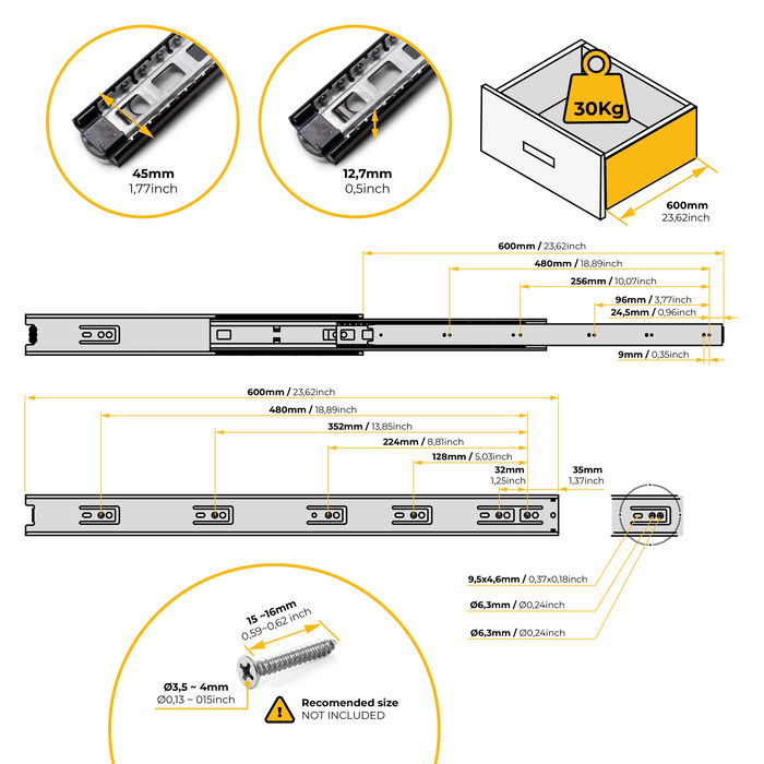 Emuca Lote de 5 juegos de guías para cajones, de bolas, altura 45mm, profundidad 600mm, extracción total, Negro