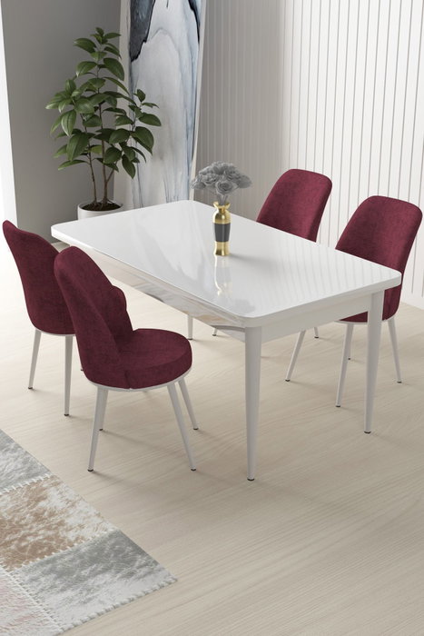 Hanah Home Juego de Mesa y Sillas de Comedor Blanco y Burdeos con Tablero Melaminado y Patas de Metal, Sillas Tela Jerry Hanah Home Juego de Mesa y Sillas de Comedor Blanco y Burdeos con Tablero Melaminado y Patas de Metal, Sillas Tela Jerry