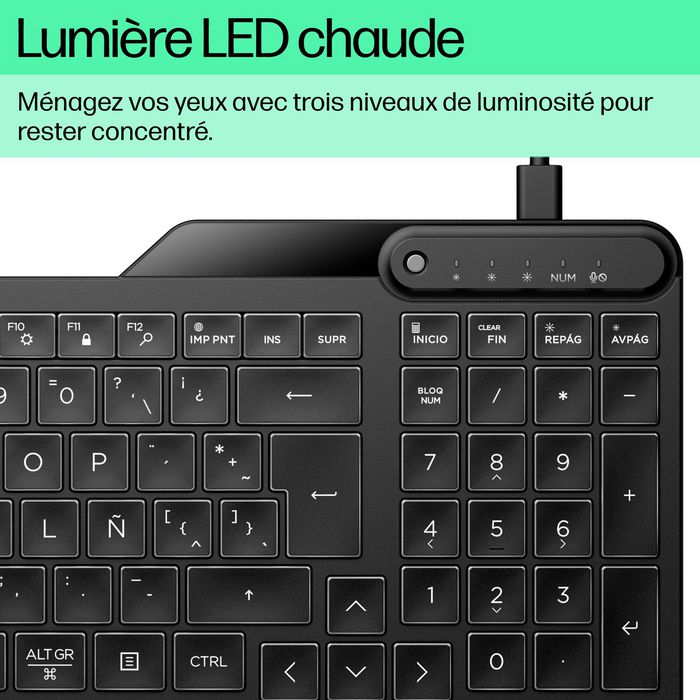 HP 400 Teclado Retroiluminado Alámbrico con Teclas Programables, Diseño Sostenible, Blanco LED, Cable USB-C