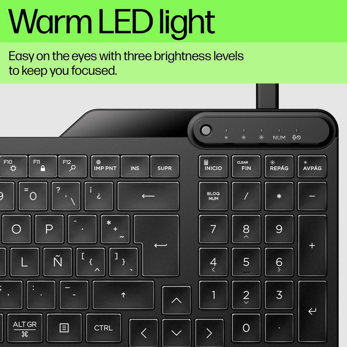 HP 400 Teclado Retroiluminado Alámbrico con Teclas Programables, Diseño Sostenible, Blanco LED, Cable USB-C