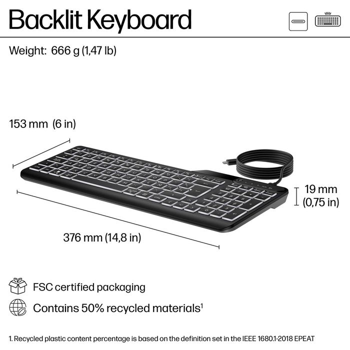 HP 400 Teclado Retroiluminado Alámbrico con Teclas Programables, Diseño Sostenible, Blanco LED, Cable USB-C