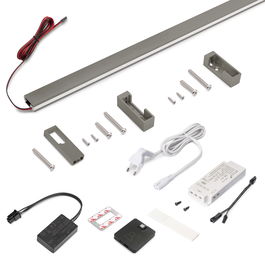 Emuca Kit de barra para armario Luxe, tira LED 4,5x8 Neonlynx V, sensor de movimiento RF Smart y convertidor Smart (24V DC), longitud 1.150mm, Luz blanca cálida 2.700K, Plástico y Aluminio, Titanio